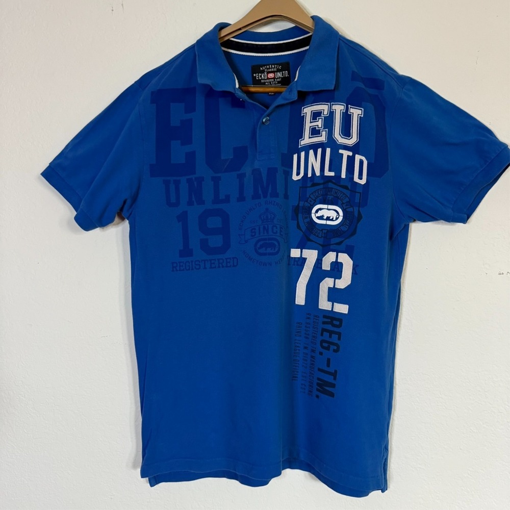 Ecko Unltd Y2K Retro Streetwear Statement Polo Graphic Logo Shirt Blue Mens SZXL